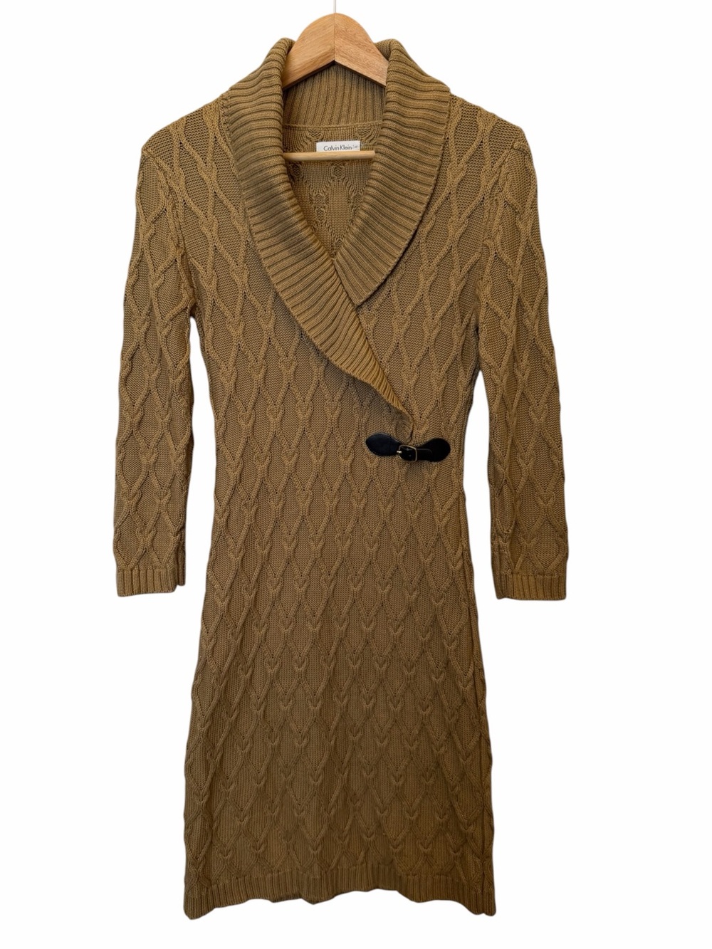 Calvin Klein Brown Cable-Knit Shawl Collar Sweater Dress Buckle Sz S Preppy Y2K